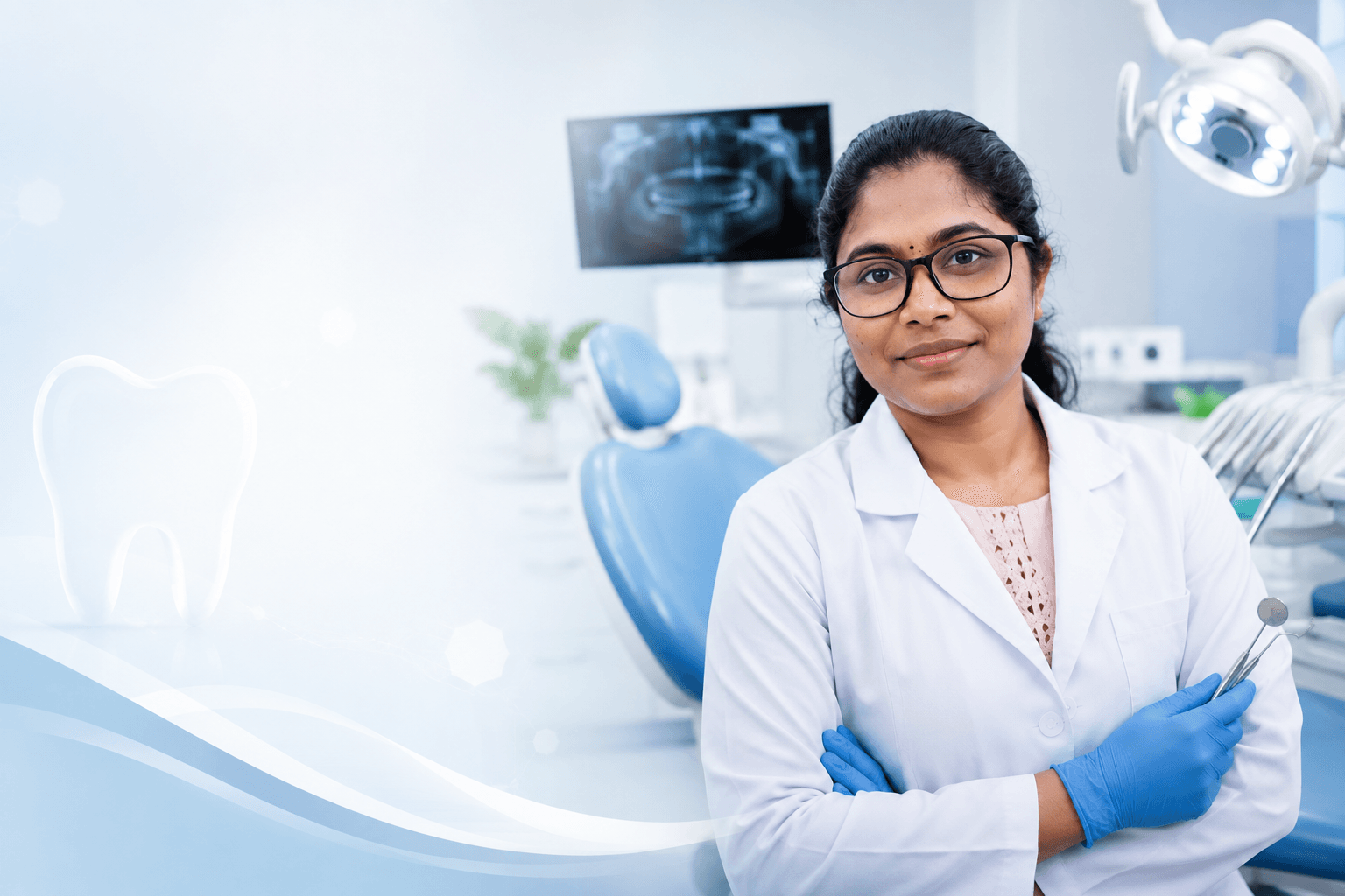 Dr. N. Biruntha, dental surgeon at Clear Dental Care, in the treatment room in Perambalur