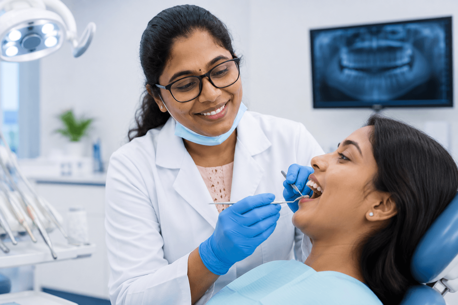 Dr. N. Biruntha examining a patient's teeth at Clear Dental Care, Perambalur